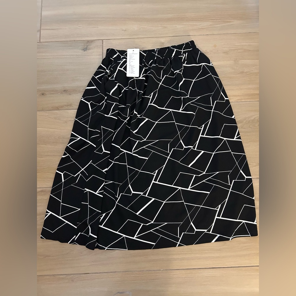 NEW Black Print Career Elastic Waist Pockets Midi Skirt L